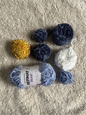 Assorted Bernat Velvet Yarn Bundle - Blues, Navy, White, Gold
